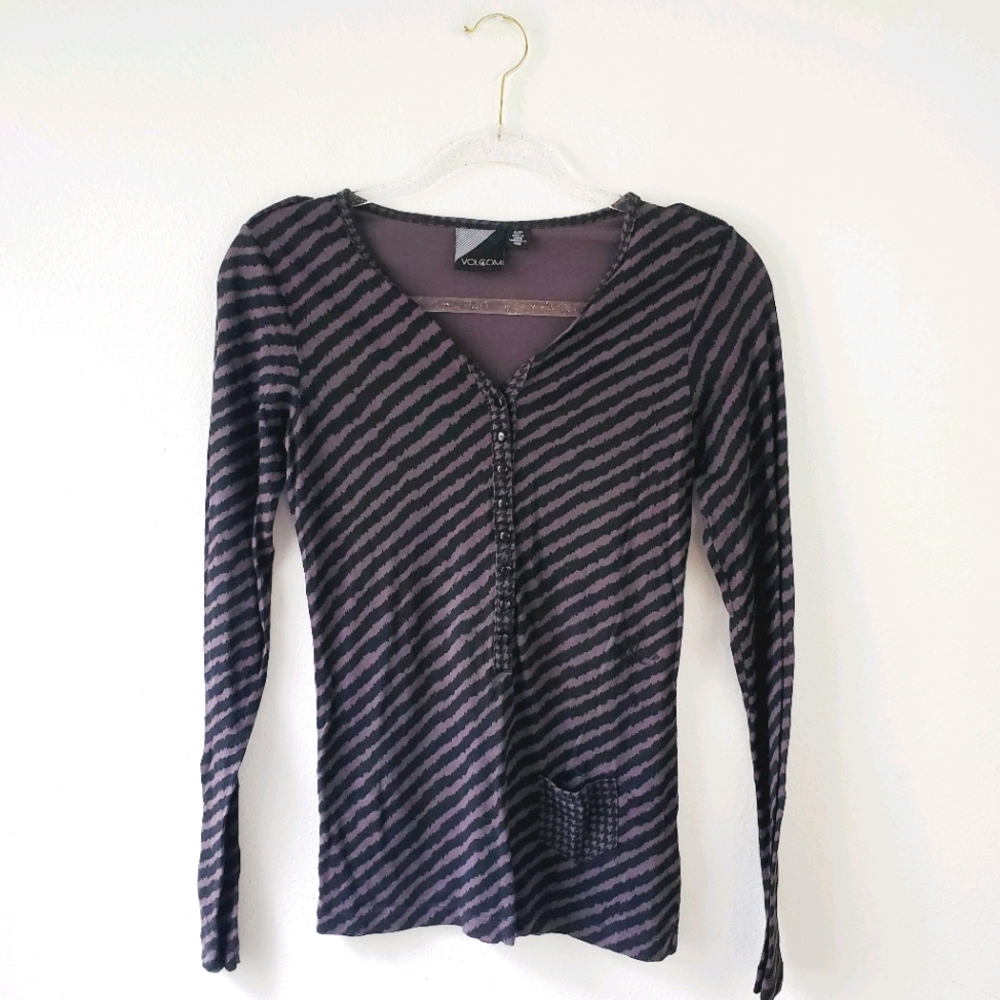 Volcom Striped Henley Long Sleeve Top Size Small